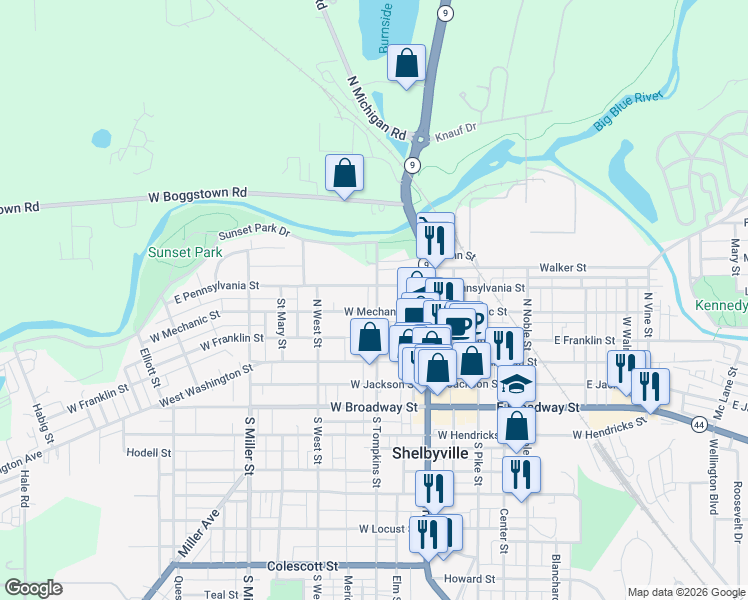 map of restaurants, bars, coffee shops, grocery stores, and more near 212 North Tompkins Street in Shelbyville