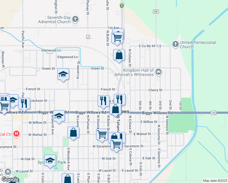 map of restaurants, bars, coffee shops, grocery stores, and more near 555 North Tehama Street in Willows