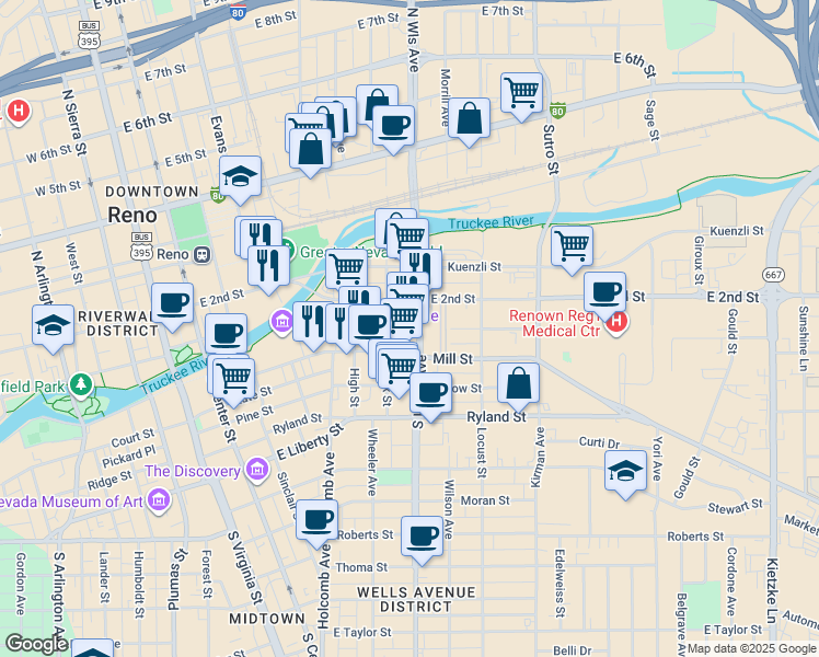 map of restaurants, bars, coffee shops, grocery stores, and more near 71 South Wells Avenue in Reno
