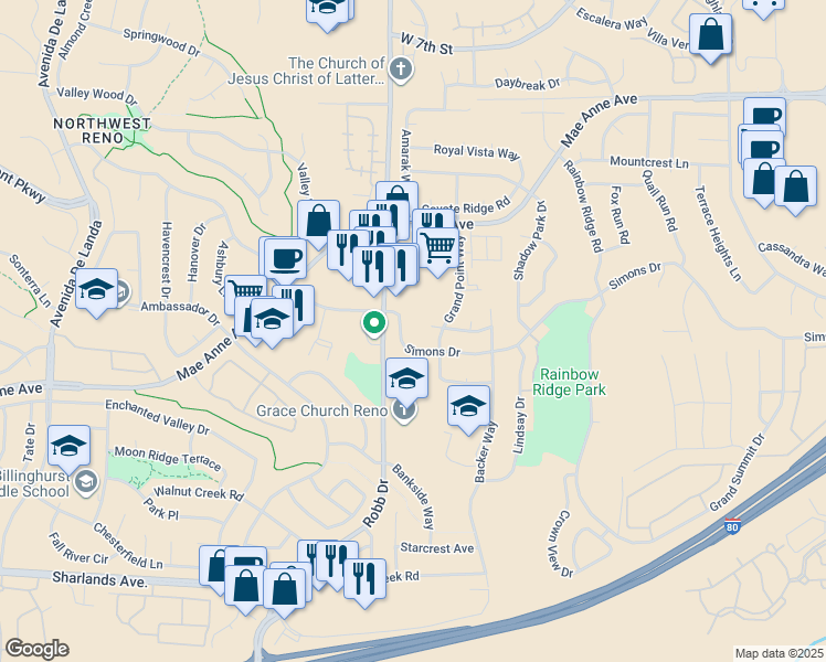 map of restaurants, bars, coffee shops, grocery stores, and more near 5920 Blue Horizon Court in Reno