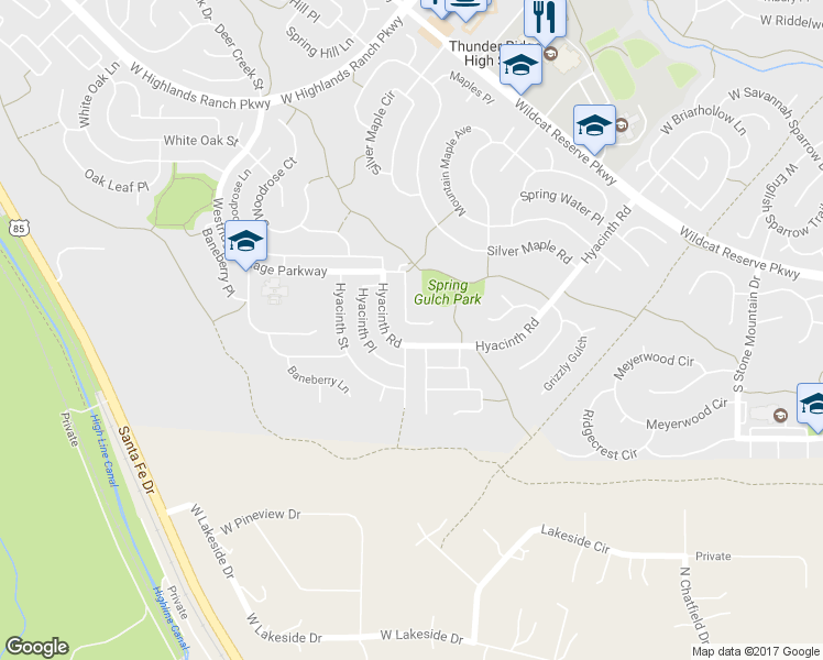 map of restaurants, bars, coffee shops, grocery stores, and more near 10473 Holly Hock Court in Littleton