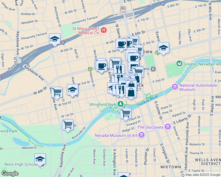 map of restaurants, bars, coffee shops, grocery stores, and more near in Reno