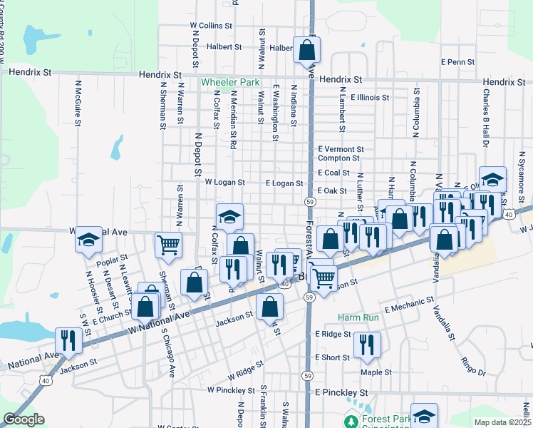 map of restaurants, bars, coffee shops, grocery stores, and more near 515 North Walnut Street in Brazil
