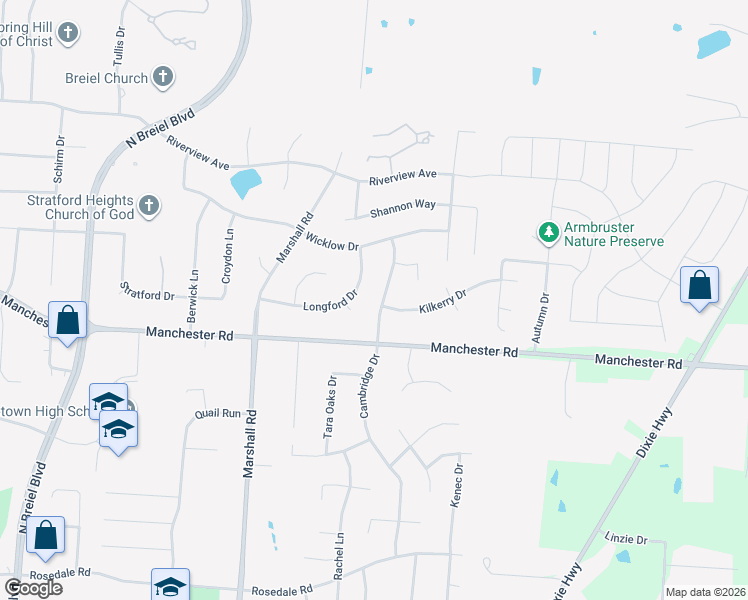 map of restaurants, bars, coffee shops, grocery stores, and more near 1600 Cambridge Drive in Middletown