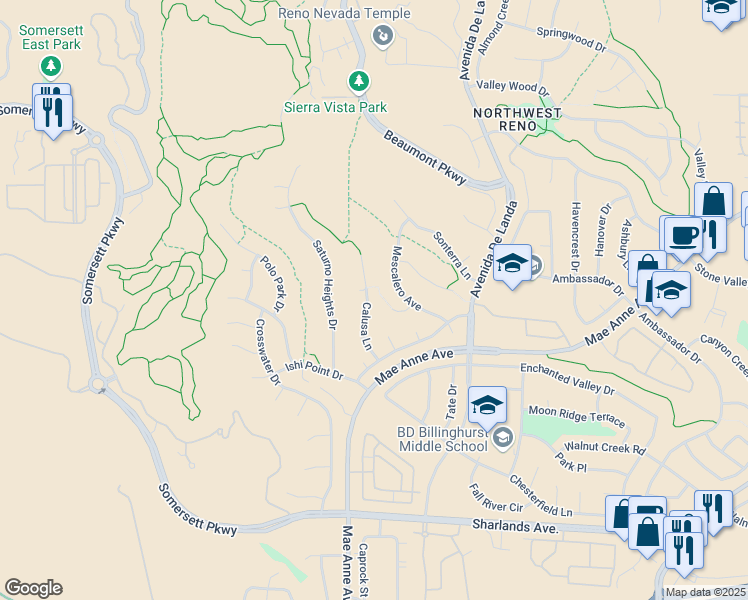 map of restaurants, bars, coffee shops, grocery stores, and more near 1522 Calusa Lane in Reno