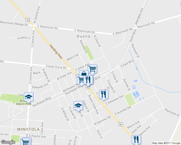 map of restaurants, bars, coffee shops, grocery stores, and more near 105 N Auburn St in Buena