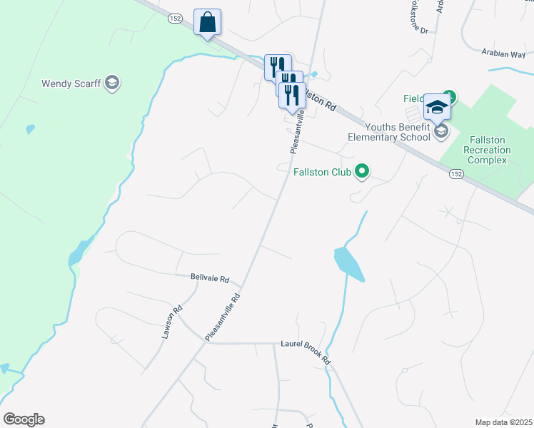 map of restaurants, bars, coffee shops, grocery stores, and more near 2504 Pleasantville Road in Fallston