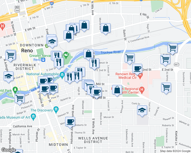 map of restaurants, bars, coffee shops, grocery stores, and more near 60 South Wells Avenue in Reno