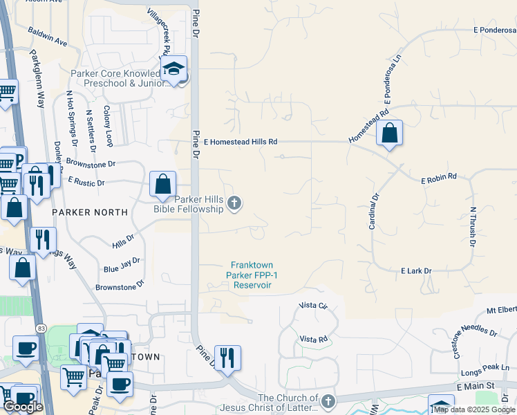 map of restaurants, bars, coffee shops, grocery stores, and more near 7217 Parker Hills Court in Parker