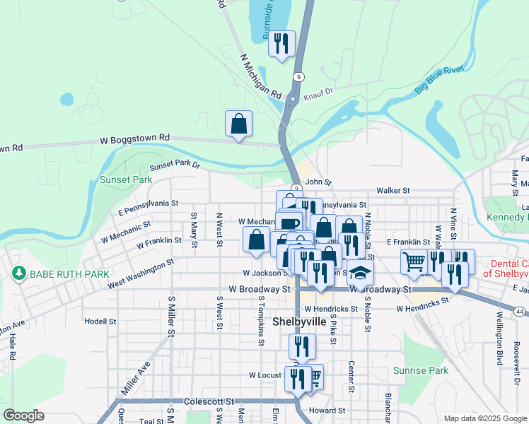 map of restaurants, bars, coffee shops, grocery stores, and more near 212 North Tompkins Street in Shelbyville