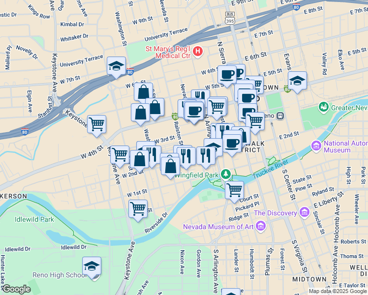map of restaurants, bars, coffee shops, grocery stores, and more near 240 Ralston Street in Reno