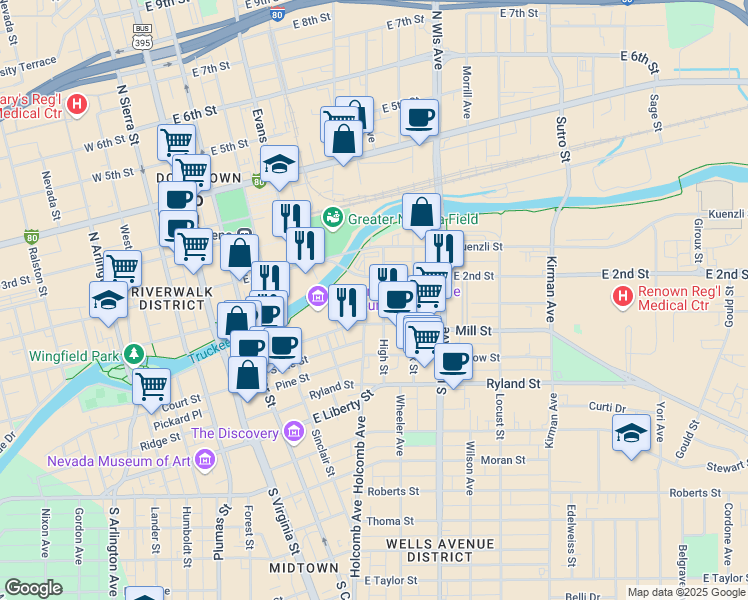 map of restaurants, bars, coffee shops, grocery stores, and more near 63 High Street in Reno