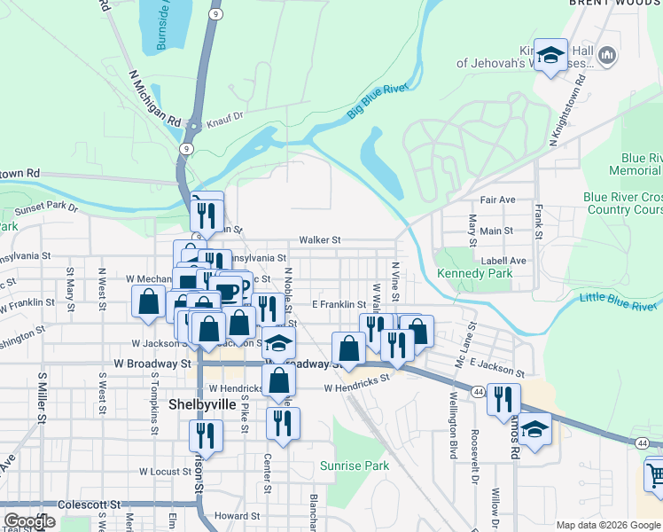 map of restaurants, bars, coffee shops, grocery stores, and more near 214 North Hamilton Street in Shelbyville