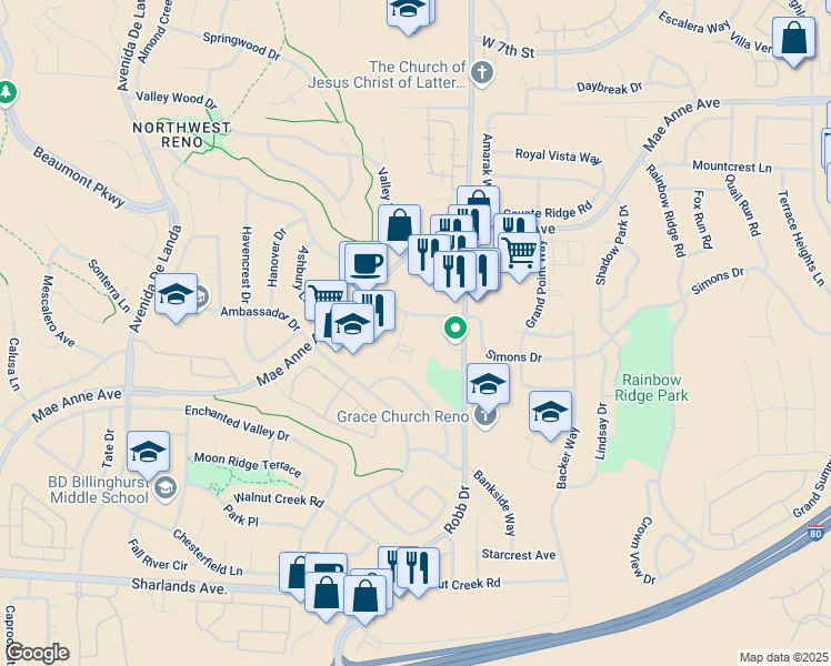 map of restaurants, bars, coffee shops, grocery stores, and more near 6161 Stone Valley Drive in Reno
