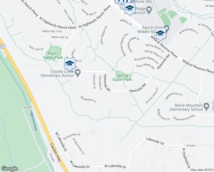 map of restaurants, bars, coffee shops, grocery stores, and more near 2307 Hyacinth Road in Littleton