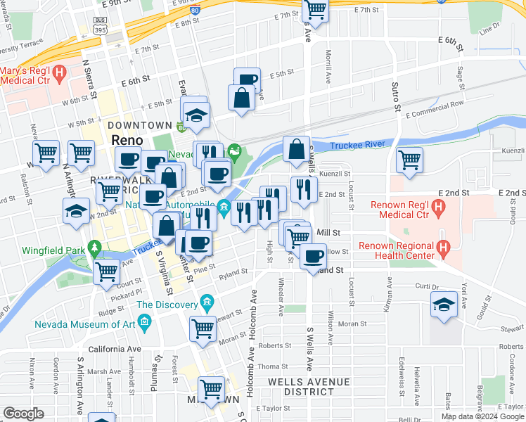 map of restaurants, bars, coffee shops, grocery stores, and more near 63 High Street in Reno