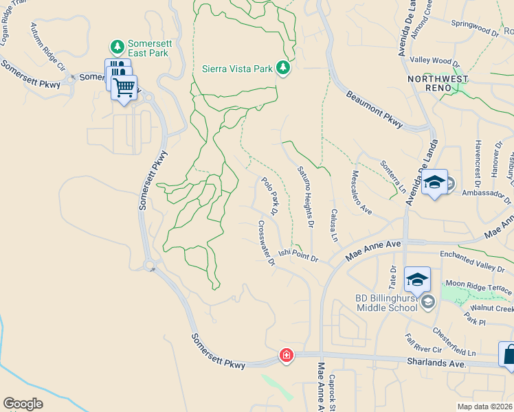 map of restaurants, bars, coffee shops, grocery stores, and more near 1510 Springfield Park Drive in Reno