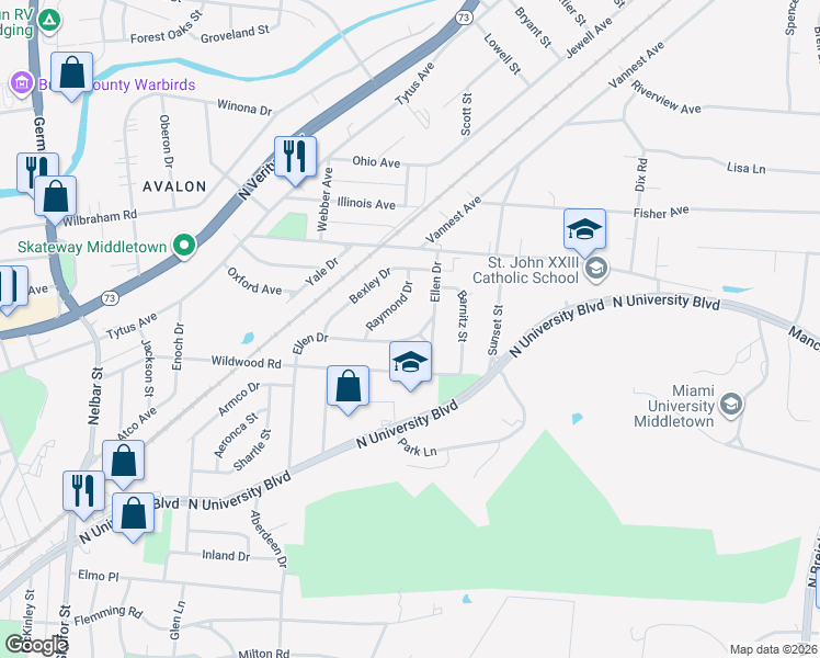 map of restaurants, bars, coffee shops, grocery stores, and more near 1246 Ellen Drive in Middletown