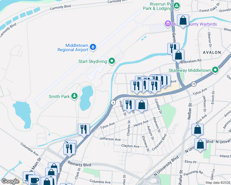 map of restaurants, bars, coffee shops, grocery stores, and more near 1303 Wrenn Court in Middletown