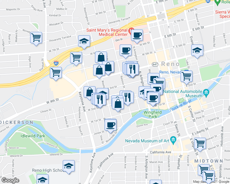 map of restaurants, bars, coffee shops, grocery stores, and more near 640 West 3rd Street in Reno