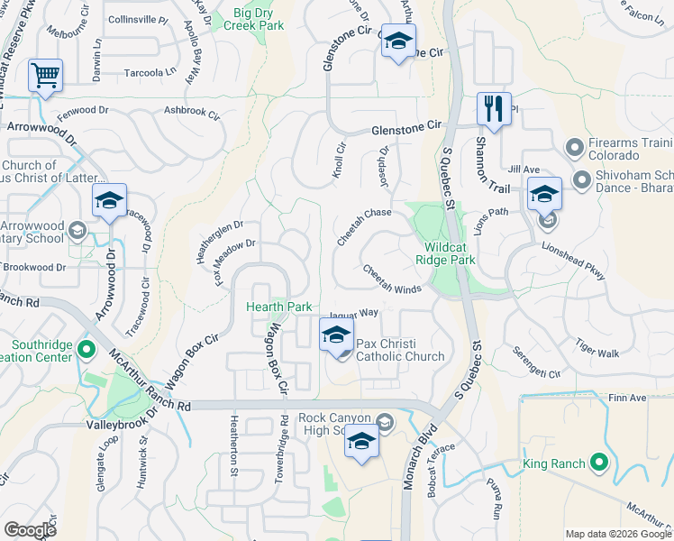 map of restaurants, bars, coffee shops, grocery stores, and more near 5874 Cheetah Cove in Lone Tree