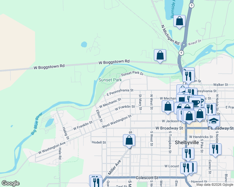 map of restaurants, bars, coffee shops, grocery stores, and more near 505 West Pennsylvania Street in Shelbyville