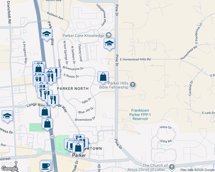 map of restaurants, bars, coffee shops, grocery stores, and more near 6938 Landmark Drive in Parker