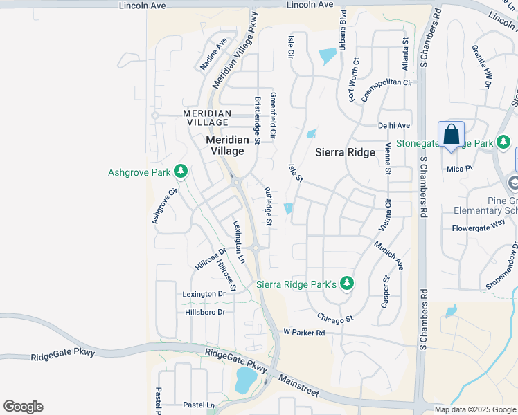 map of restaurants, bars, coffee shops, grocery stores, and more near 10467 Rutledge Street in Parker