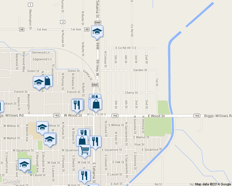 map of restaurants, bars, coffee shops, grocery stores, and more near 5th Street in Willows