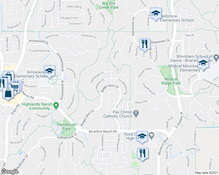 map of restaurants, bars, coffee shops, grocery stores, and more near 10544 Wagon Box Circle in Littleton