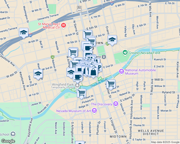 map of restaurants, bars, coffee shops, grocery stores, and more near 26 West 2nd Street in Reno