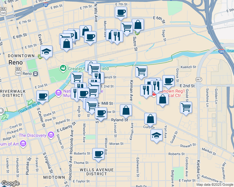 map of restaurants, bars, coffee shops, grocery stores, and more near 803 Aitken Street in Reno