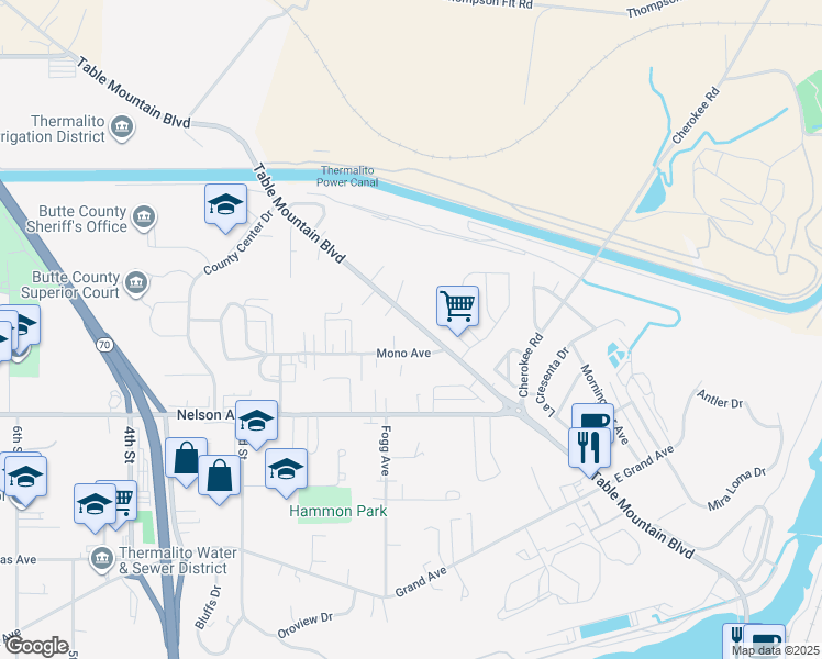 map of restaurants, bars, coffee shops, grocery stores, and more near 271 Table Mountain Boulevard in Oroville