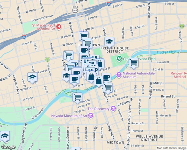 map of restaurants, bars, coffee shops, grocery stores, and more near 101 North Virginia Street in Reno