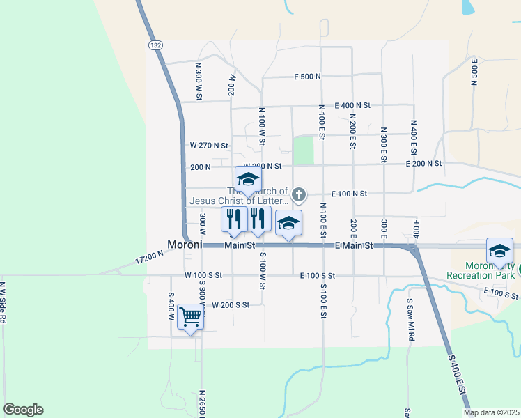 map of restaurants, bars, coffee shops, grocery stores, and more near 83 North 100 West in Moroni