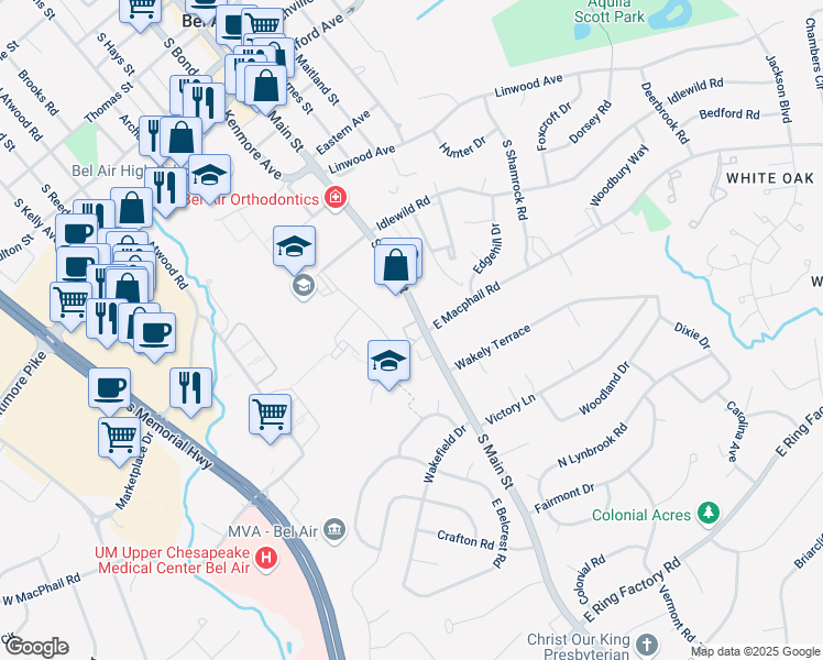 map of restaurants, bars, coffee shops, grocery stores, and more near 3 Chestnut Woods Drive in Bel Air