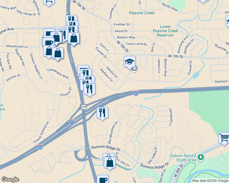 map of restaurants, bars, coffee shops, grocery stores, and more near 3211 Heights Drive in Reno