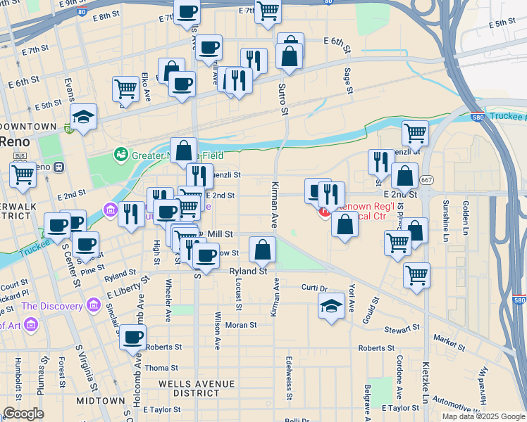 map of restaurants, bars, coffee shops, grocery stores, and more near 863 Aitken Street in Reno