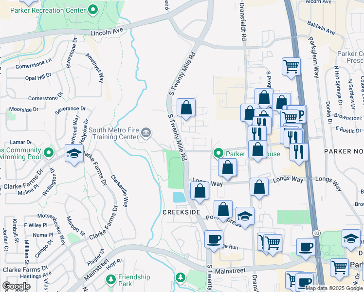 map of restaurants, bars, coffee shops, grocery stores, and more near South Twenty Mile Road in Parker