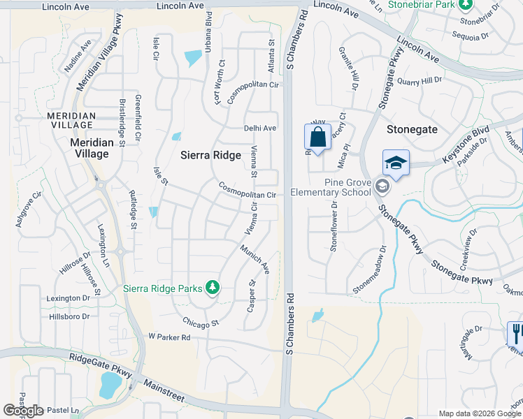 map of restaurants, bars, coffee shops, grocery stores, and more near 15130 Jakarta Circle in Parker
