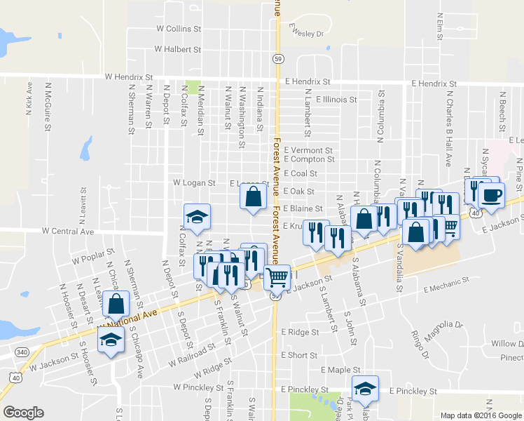 map of restaurants, bars, coffee shops, grocery stores, and more near 117 East Blaine Street in Brazil
