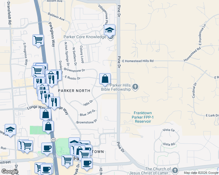 map of restaurants, bars, coffee shops, grocery stores, and more near 6938 Landmark Drive in Parker