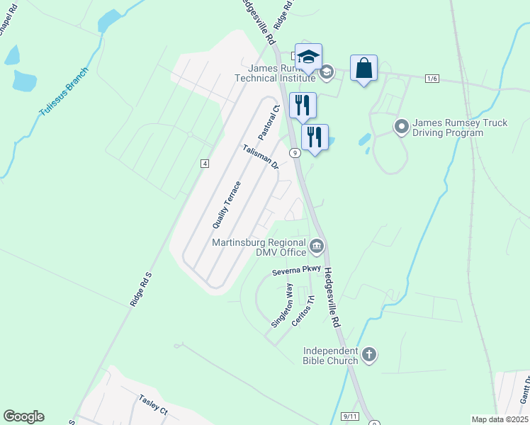 map of restaurants, bars, coffee shops, grocery stores, and more near 12 Quince Tree Drive in Martinsburg
