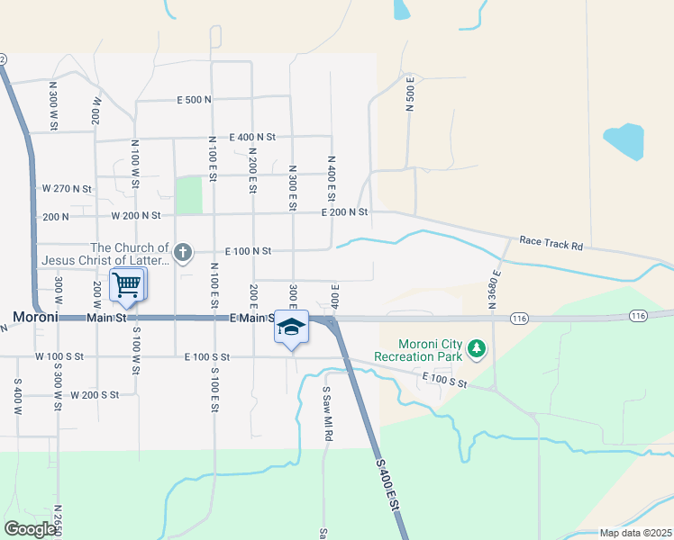 map of restaurants, bars, coffee shops, grocery stores, and more near 411 East 50 North in Moroni