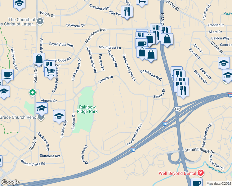 map of restaurants, bars, coffee shops, grocery stores, and more near 5335 Butterfly Court in Reno