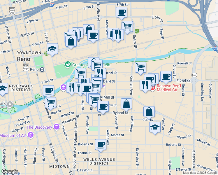 map of restaurants, bars, coffee shops, grocery stores, and more near 735 Mill Street in Reno