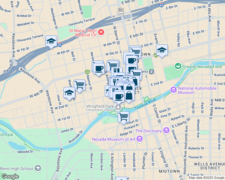 map of restaurants, bars, coffee shops, grocery stores, and more near in Reno
