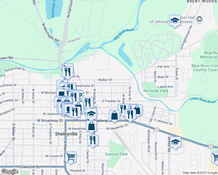 map of restaurants, bars, coffee shops, grocery stores, and more near 214 North Hamilton Street in Shelbyville