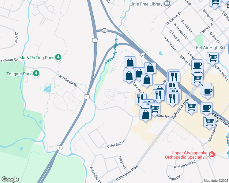 map of restaurants, bars, coffee shops, grocery stores, and more near 6 Canterbury Road in Bel Air