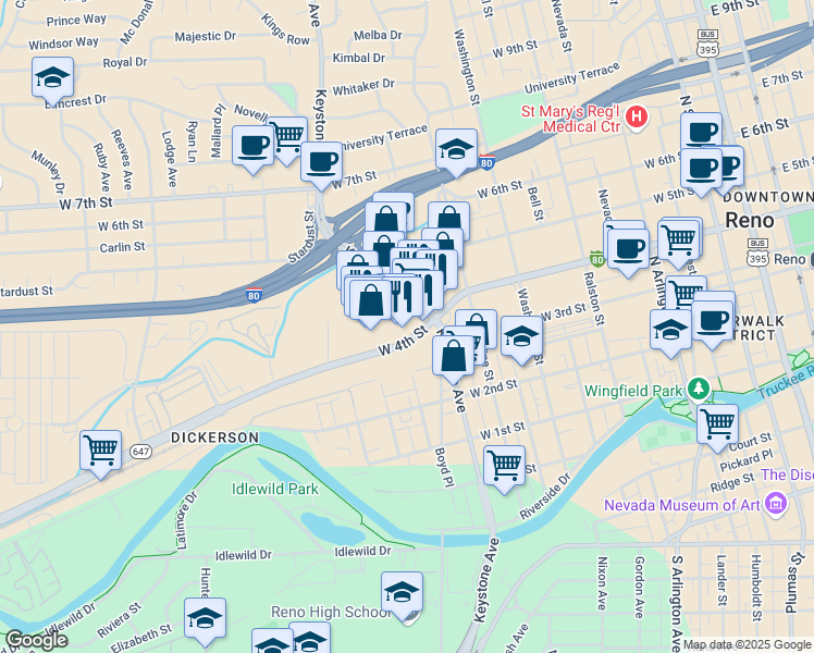 map of restaurants, bars, coffee shops, grocery stores, and more near 1075 West 4th Street in Reno